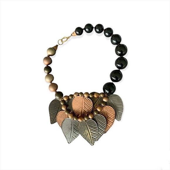 Large runway mixed metal copper silver black bead leaf necklace - Picture 10 of 16